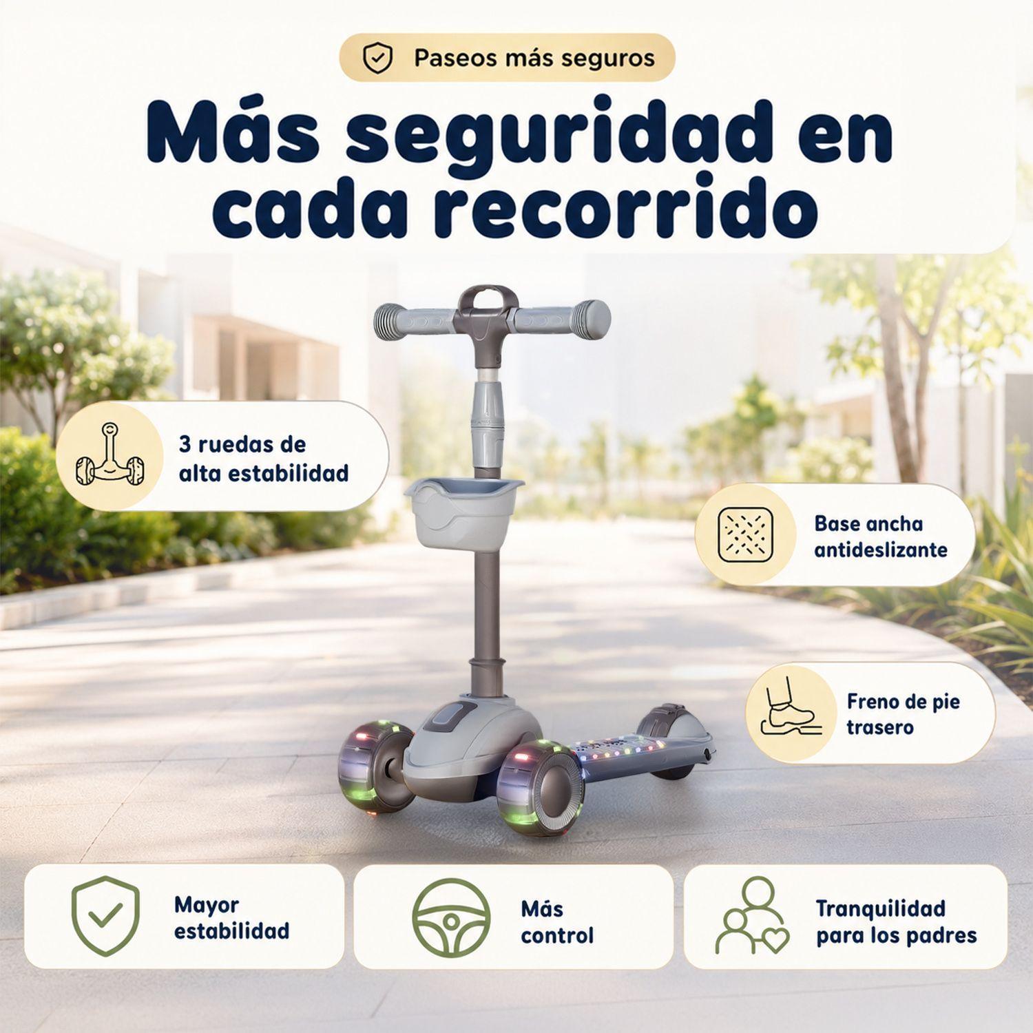 Scooter Infantil Plegable 3 Ruedas Con Luces y Música Gris-4