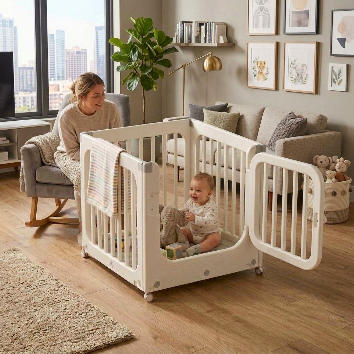 Corral De Juegos Móvil Con Ruedas y Puerta Crudo Neutro 77x78x73 cm-4