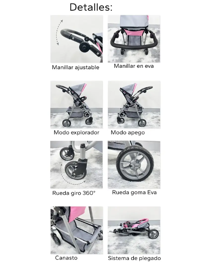 COCHE PASEO JUGUETE PARA MUÑECAS ROSADO-4
