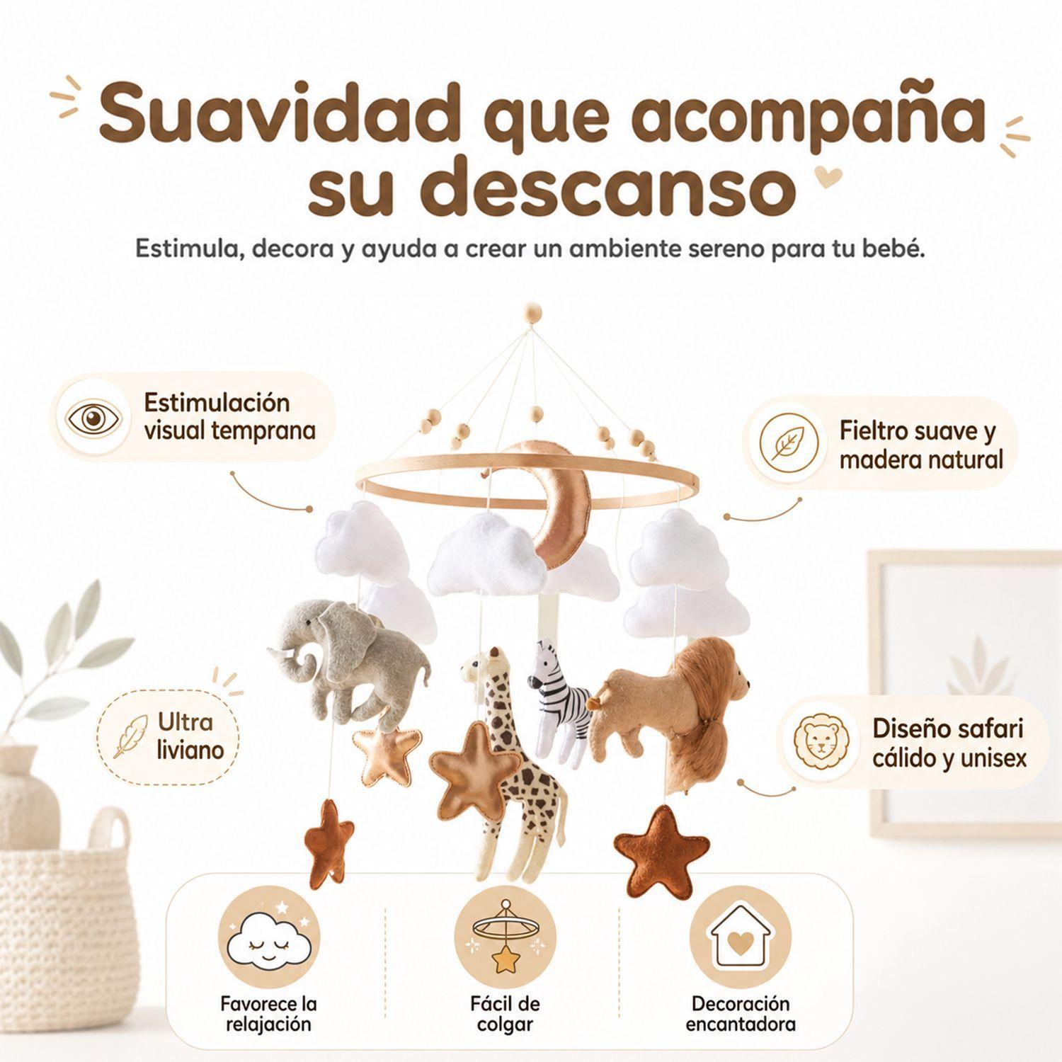 Móvil De Cuna Bebé Didáctico Fieltro y Madera Diseño Safari Kidscool -2