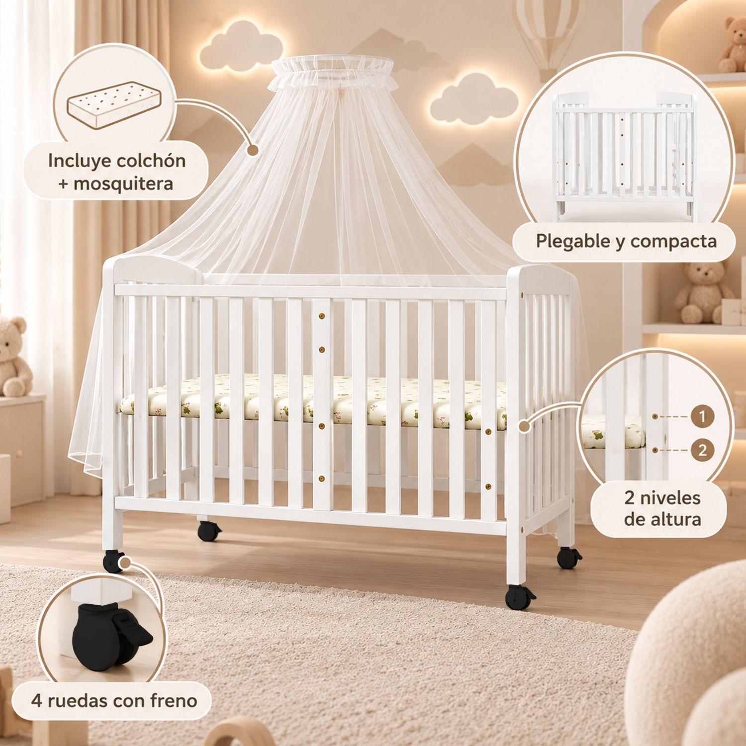 Cuna Plegable Con Ruedas Blanca Kidscool Con Colchón Y Mosquitera-2