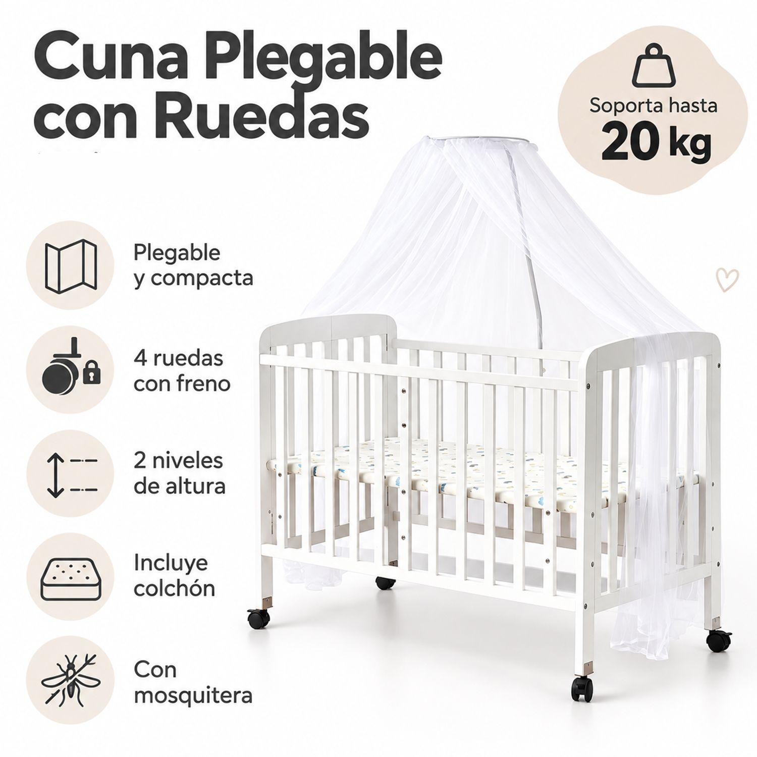 Cuna Plegable Con Ruedas Blanca Kidscool Con Colchón Y Mosquitera-3