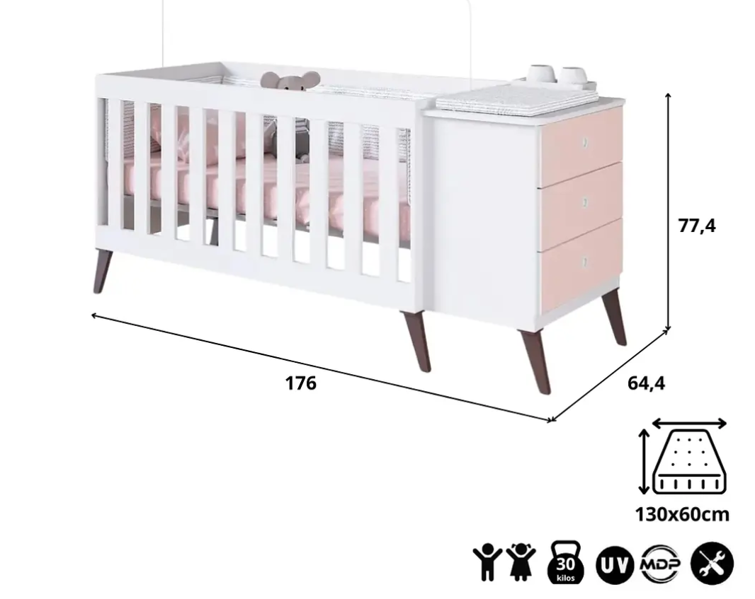 Cuna Con Cajonera Encanto Rosada-3
