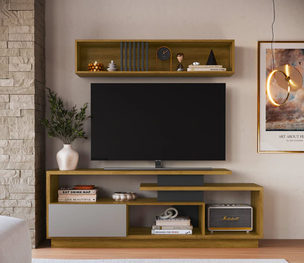 Rack TV 60" con Repisa Aérea Miel Grafito-2