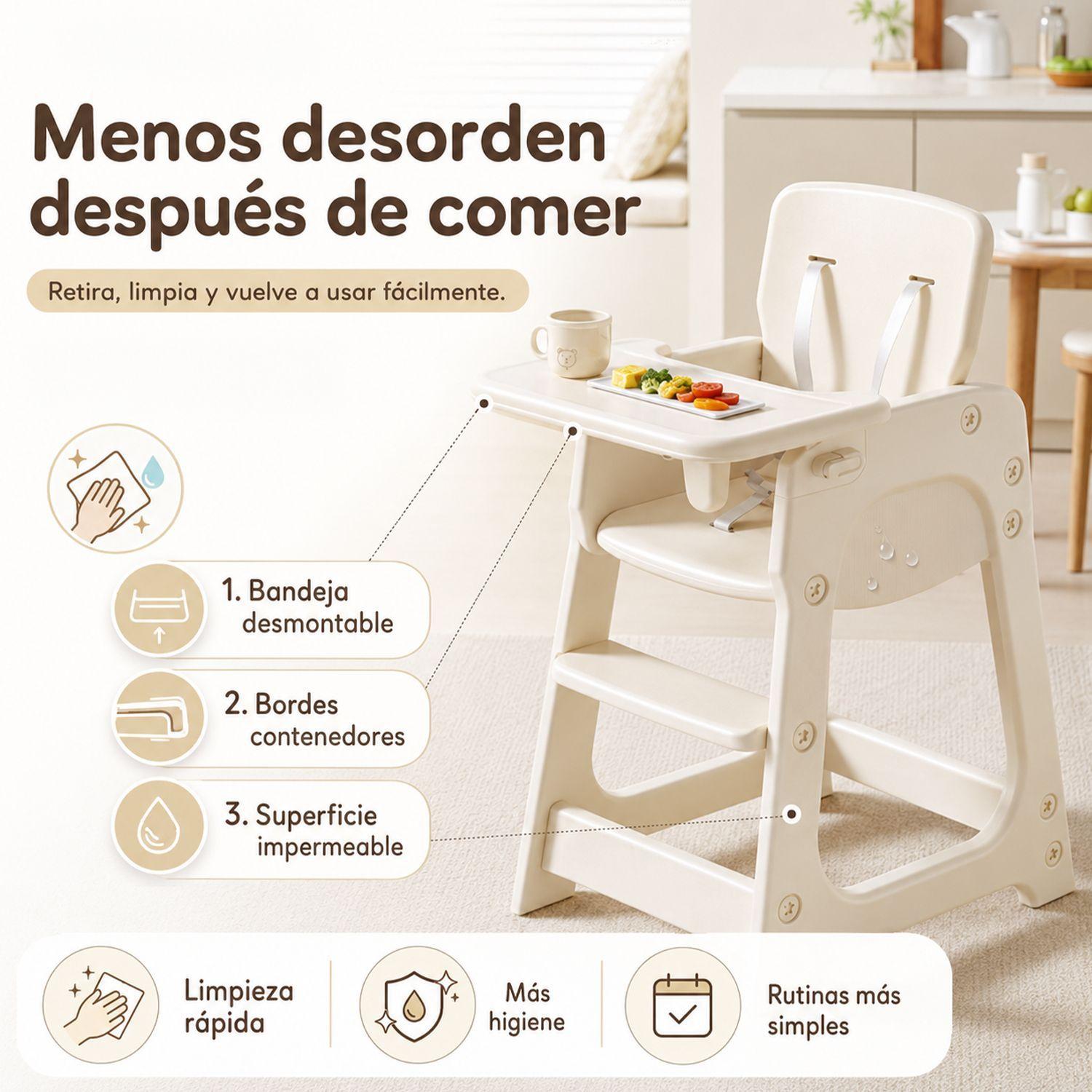 Silla Alta De Comer Infantil Con Bandeja Extraíble Beige Crema 91x46x57.5 cm-5
