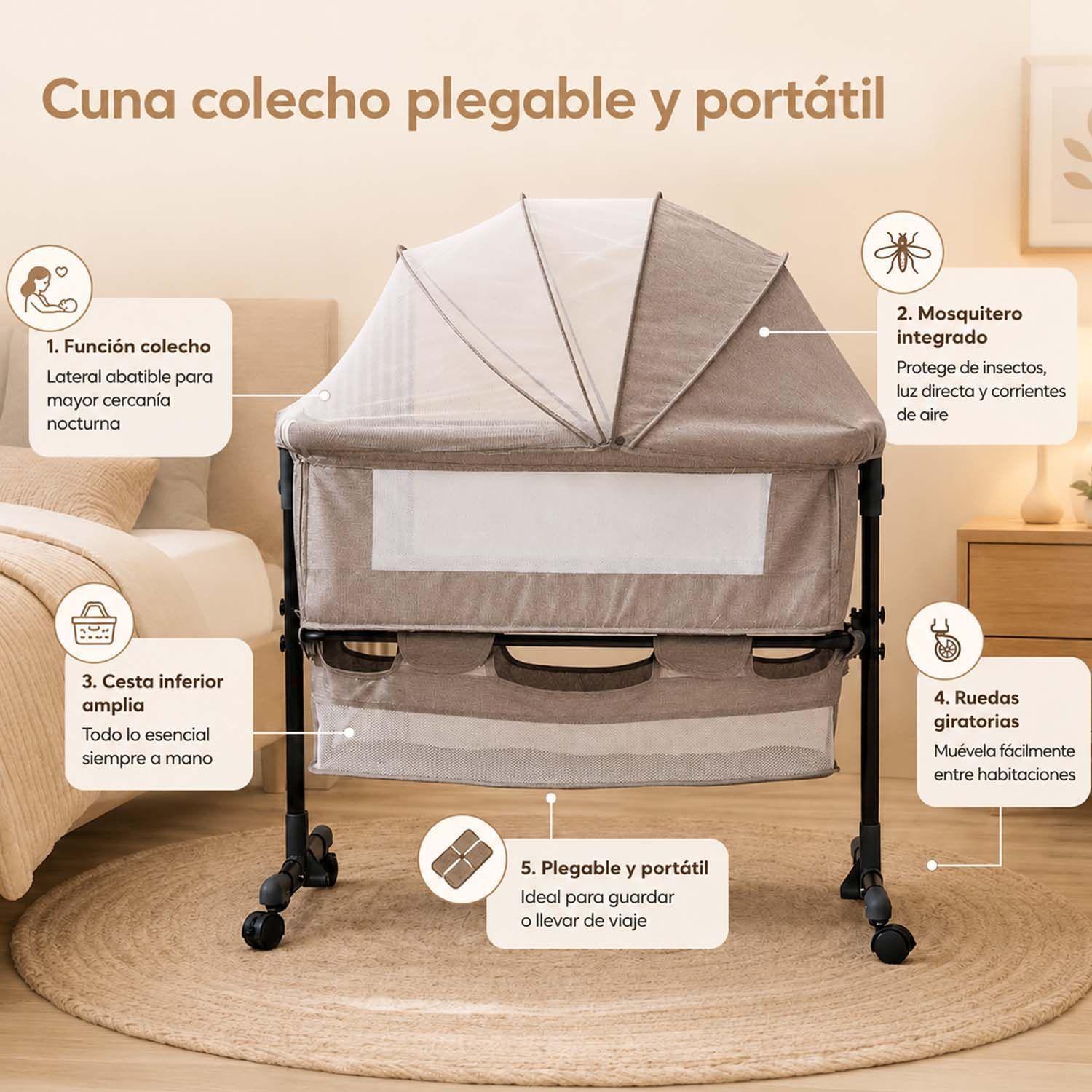 Cuna Colecho Portatil Kidscool Con Mosquitero y Almacenamiento Khaki-4