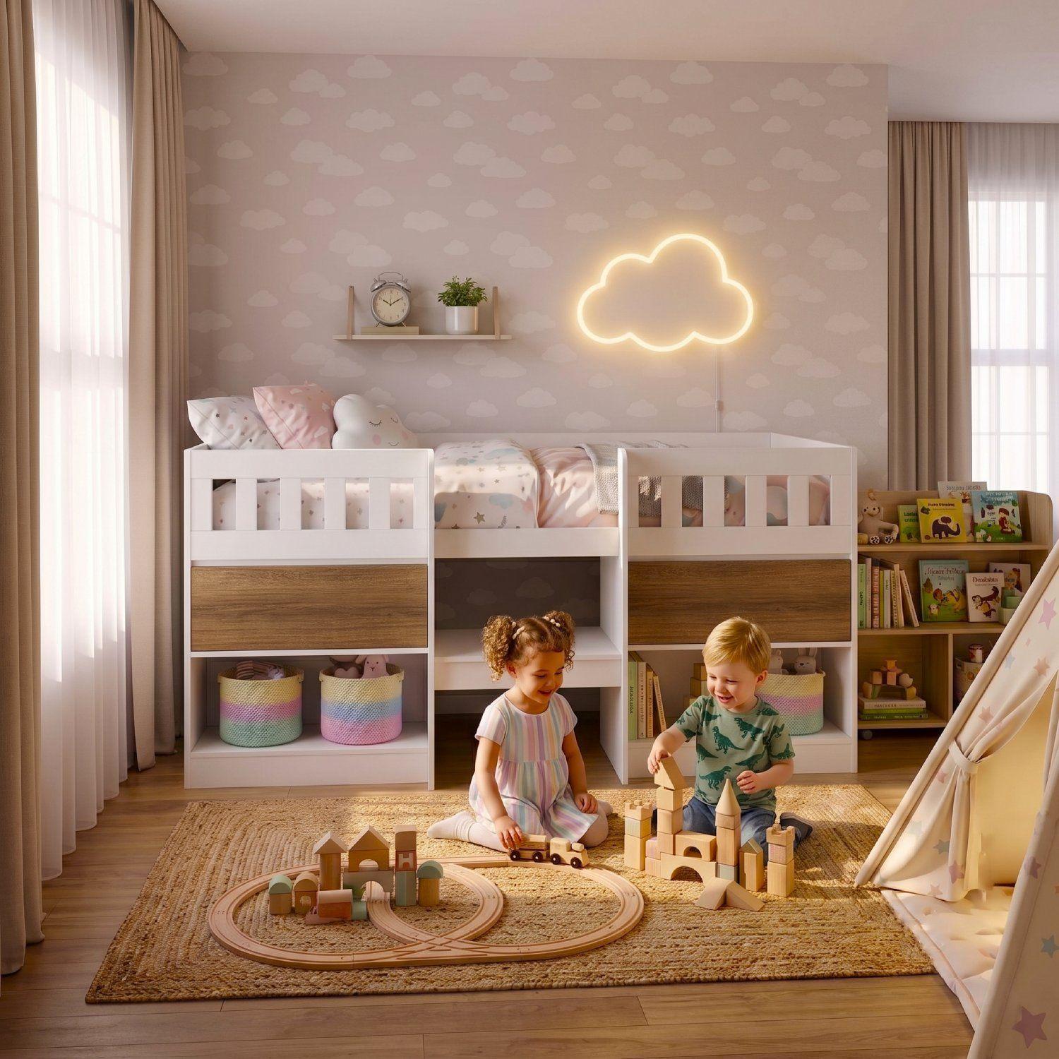 Cama Infantil Multifunción Alta 1 Plaza Blanca Miel-3
