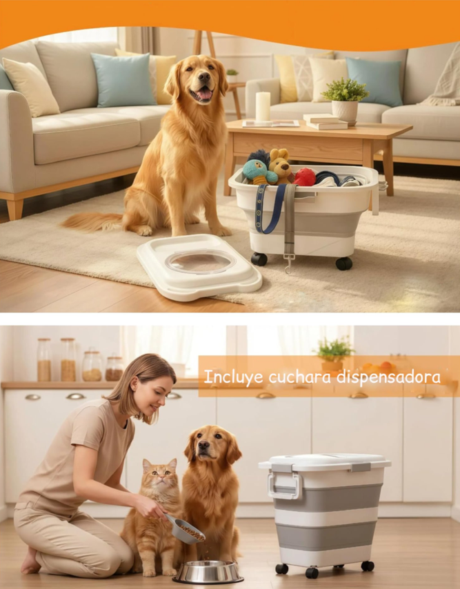 Contenedor Hermético Plegable Para Alimento De Mascota 22 kg Gris Ruedas -2