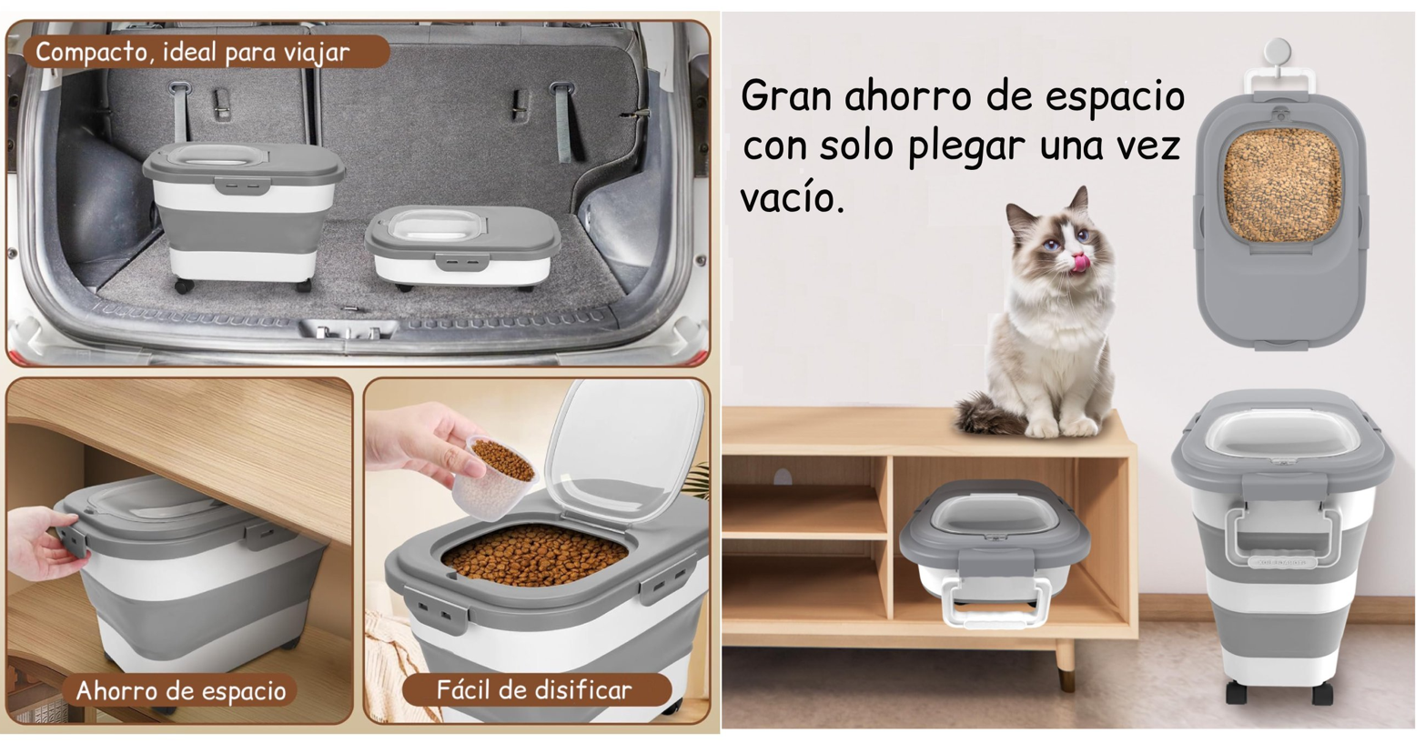 Contenedor Hermético Plegable Para Alimento De Mascota 22 kg Gris Ruedas -3