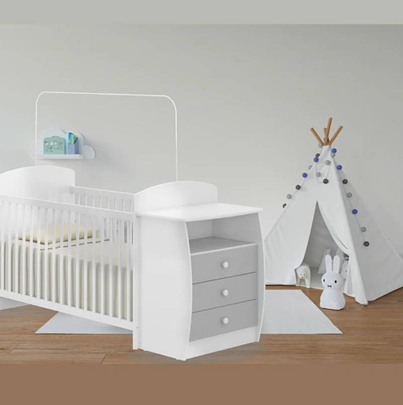 CUNA CON COMODA BLANCA /  GRIS CL PREMIUN-4
