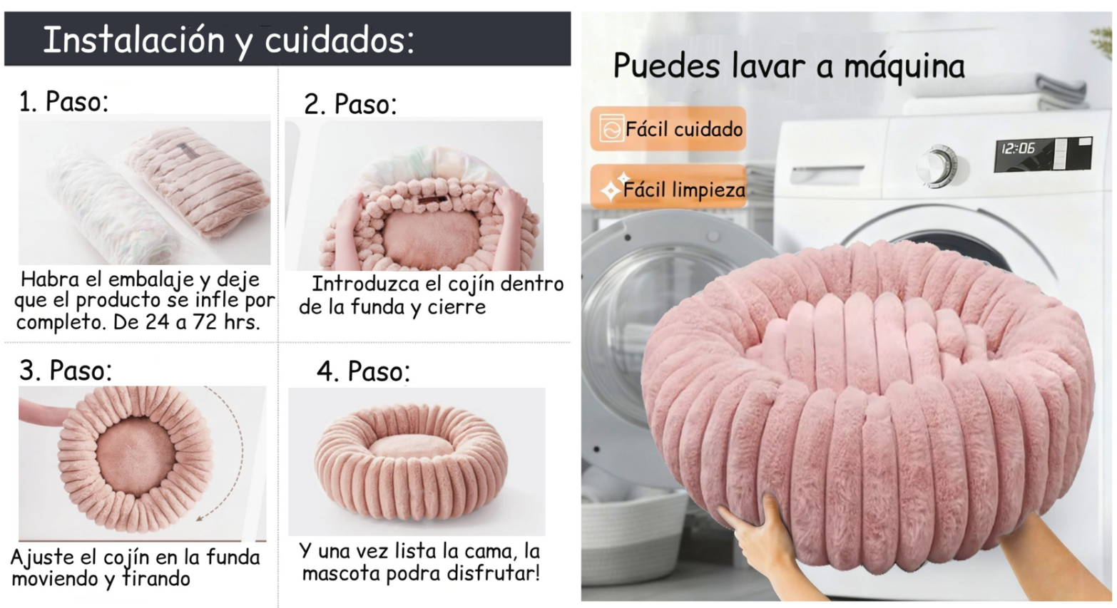 Cama Nido Donut Mascotas M Rosa 60 cm Antiansiedad Perro y  Gato-3