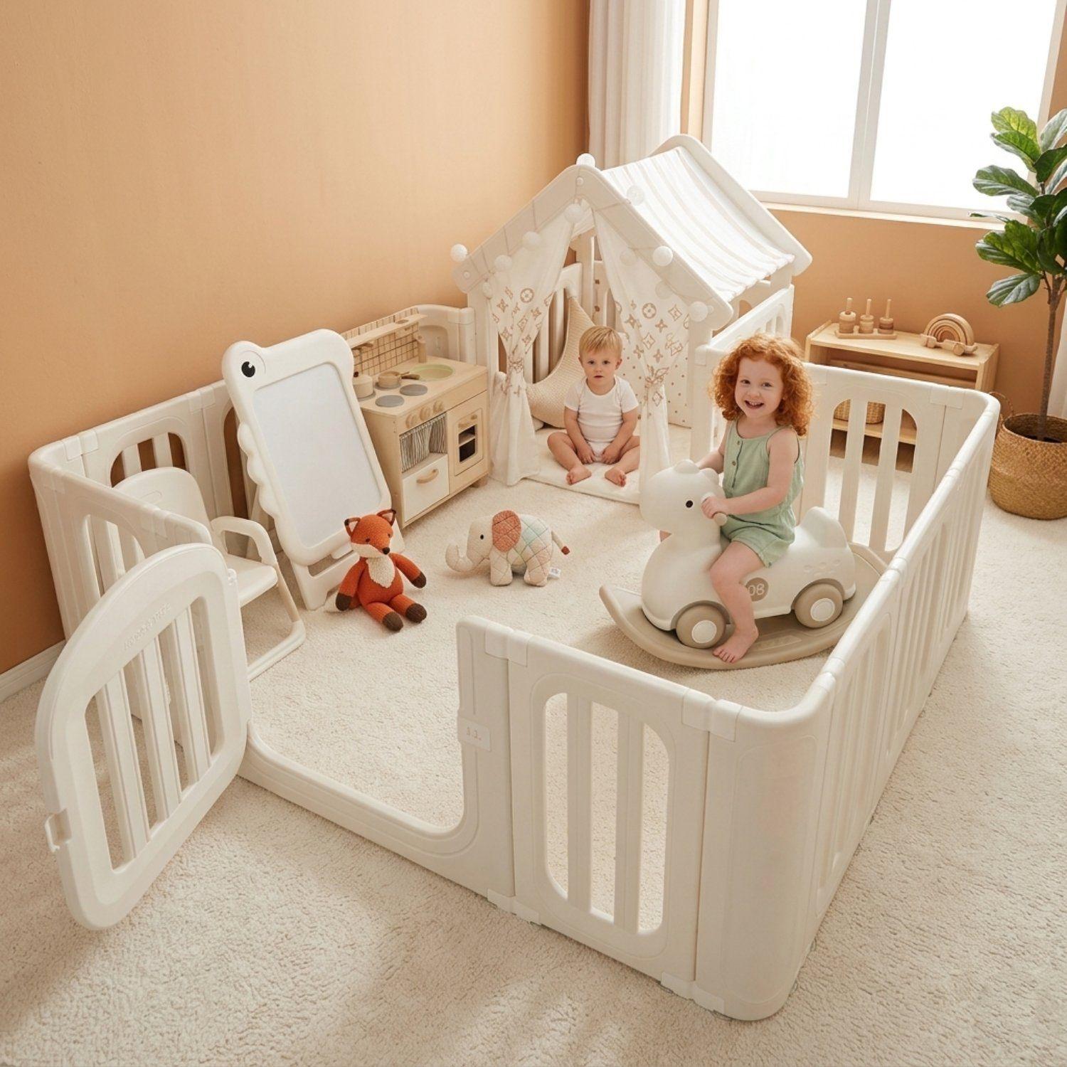 Corral De Juegos Infantil Kidscool Estilo Nórdico Con Casita Refugio Beige Cálido-1