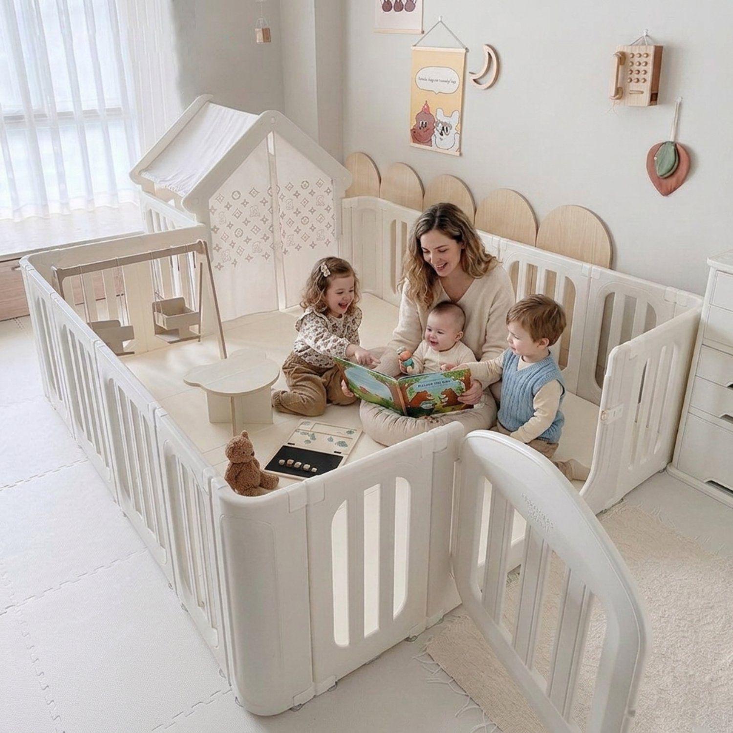 Corral De Juegos Infantil Kidscool Estilo Nórdico Con Casita Refugio Beige Cálido-2