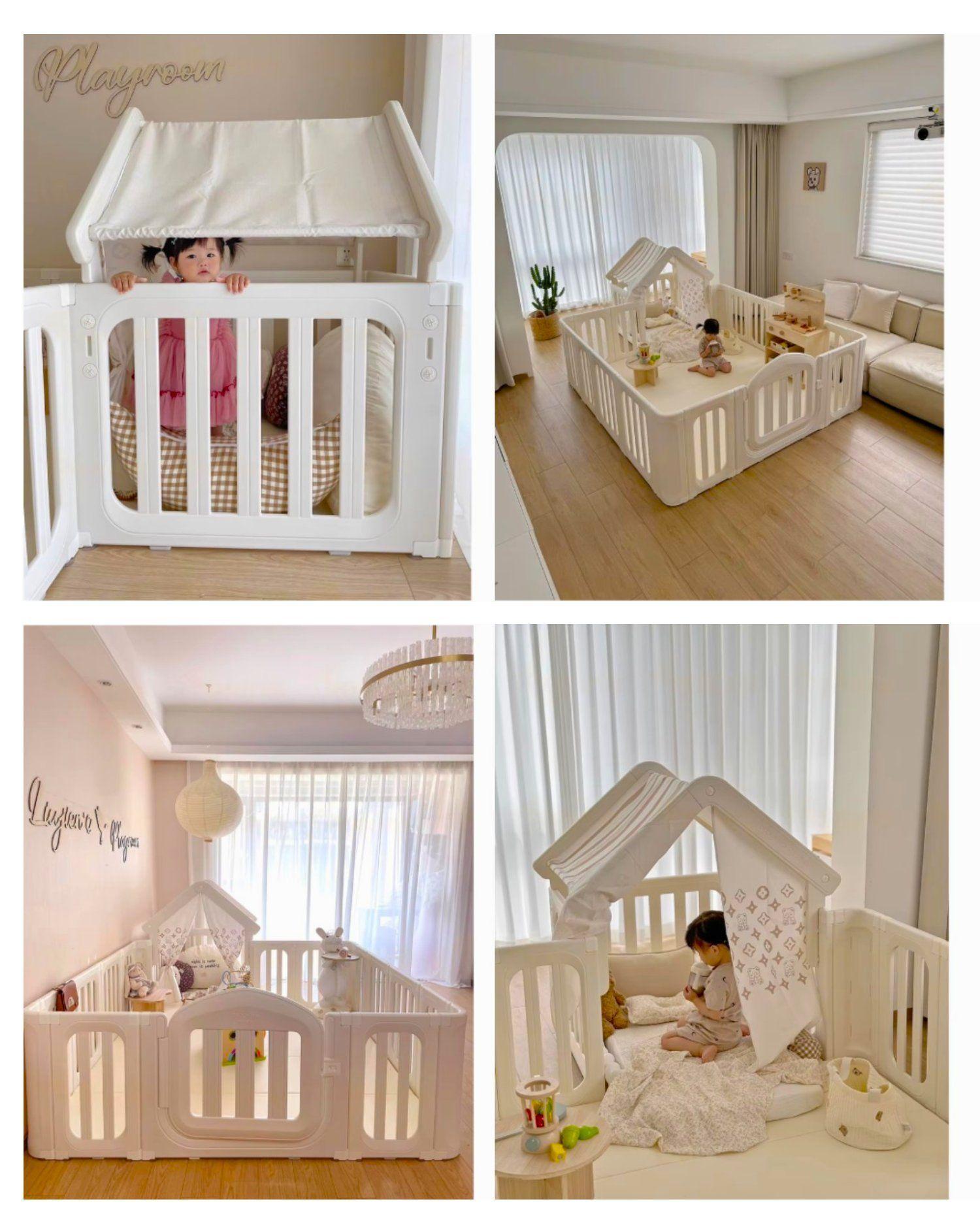 Corral De Juegos Infantil Kidscool Estilo Nórdico Con Casita Refugio Beige Cálido-3