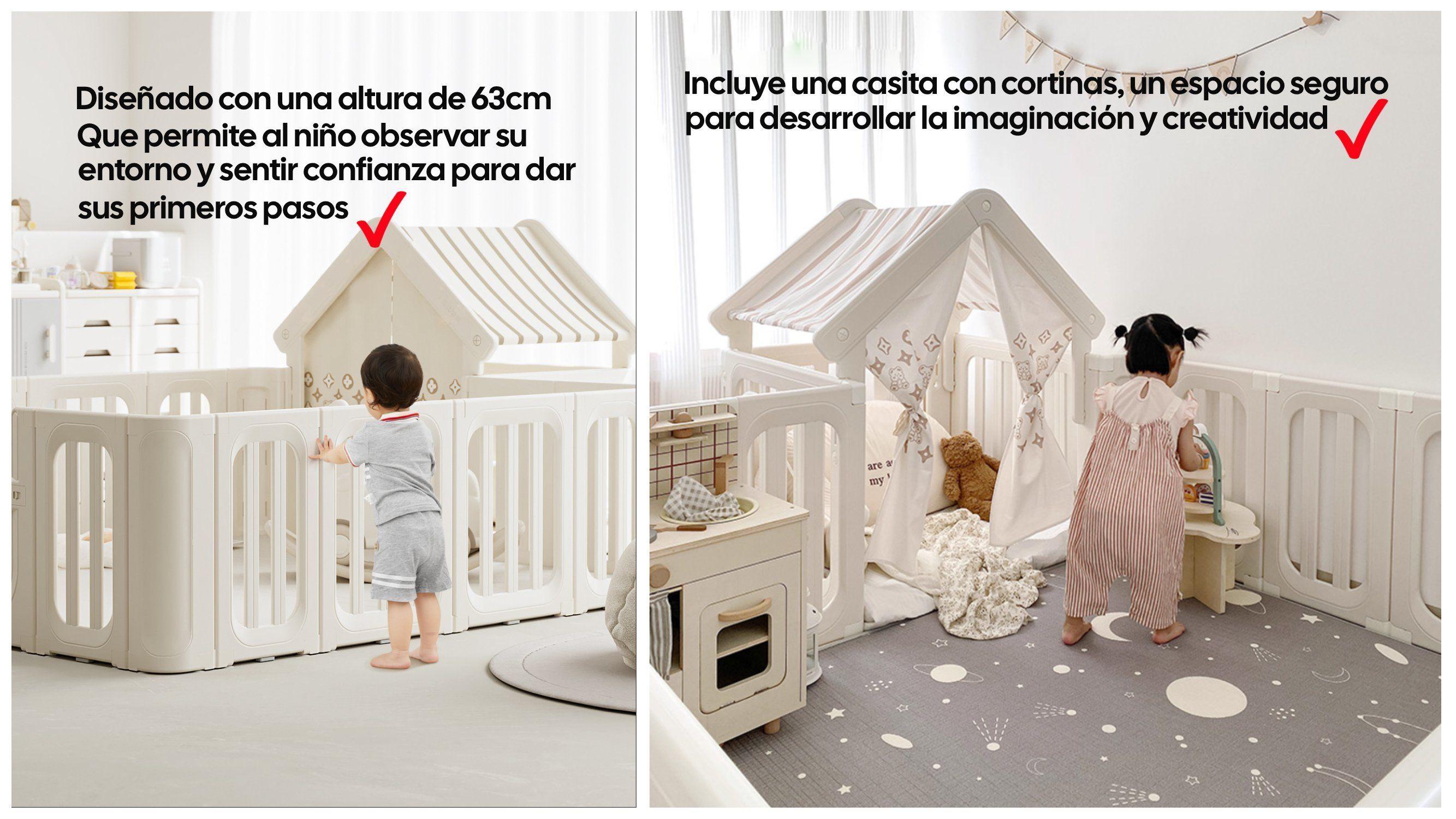 Corral De Juegos Infantil Kidscool Estilo Nórdico Con Casita Refugio Beige Cálido-5