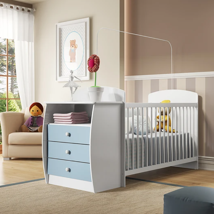 CUNA CON COMODA BLANCA /  CELESTE PREMIUN-4