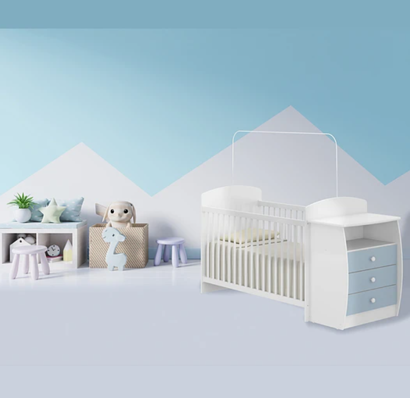 CUNA CON COMODA BLANCA /  CELESTE PREMIUN-5