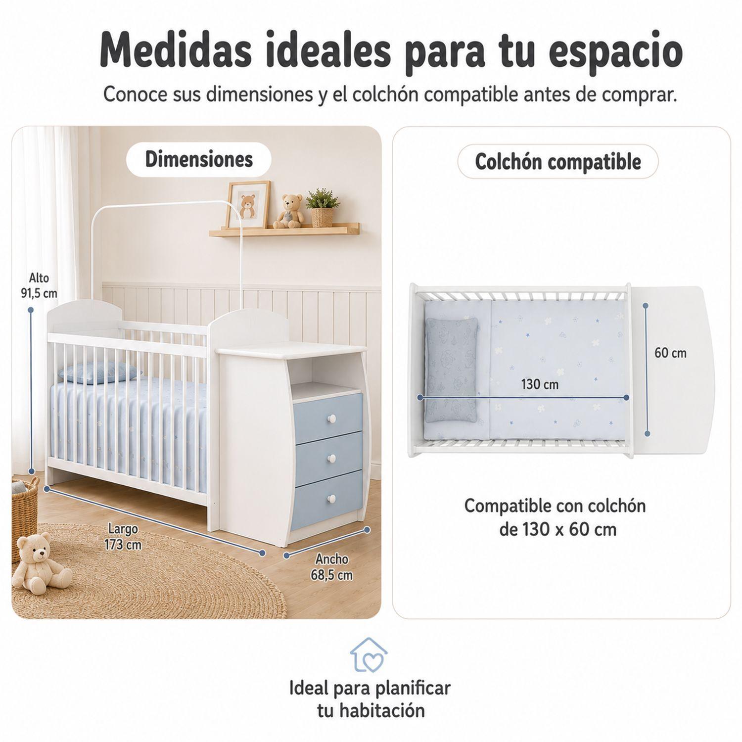 Cuna Infantil Multifuncional Con Mudador Bambini Celeste-4