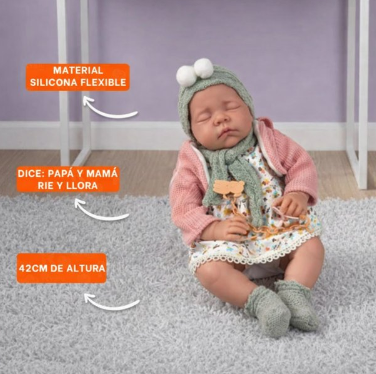 Muñeca Bebé Realista 40cm Con 12 Sonidos de Apego Rosado Gris-6