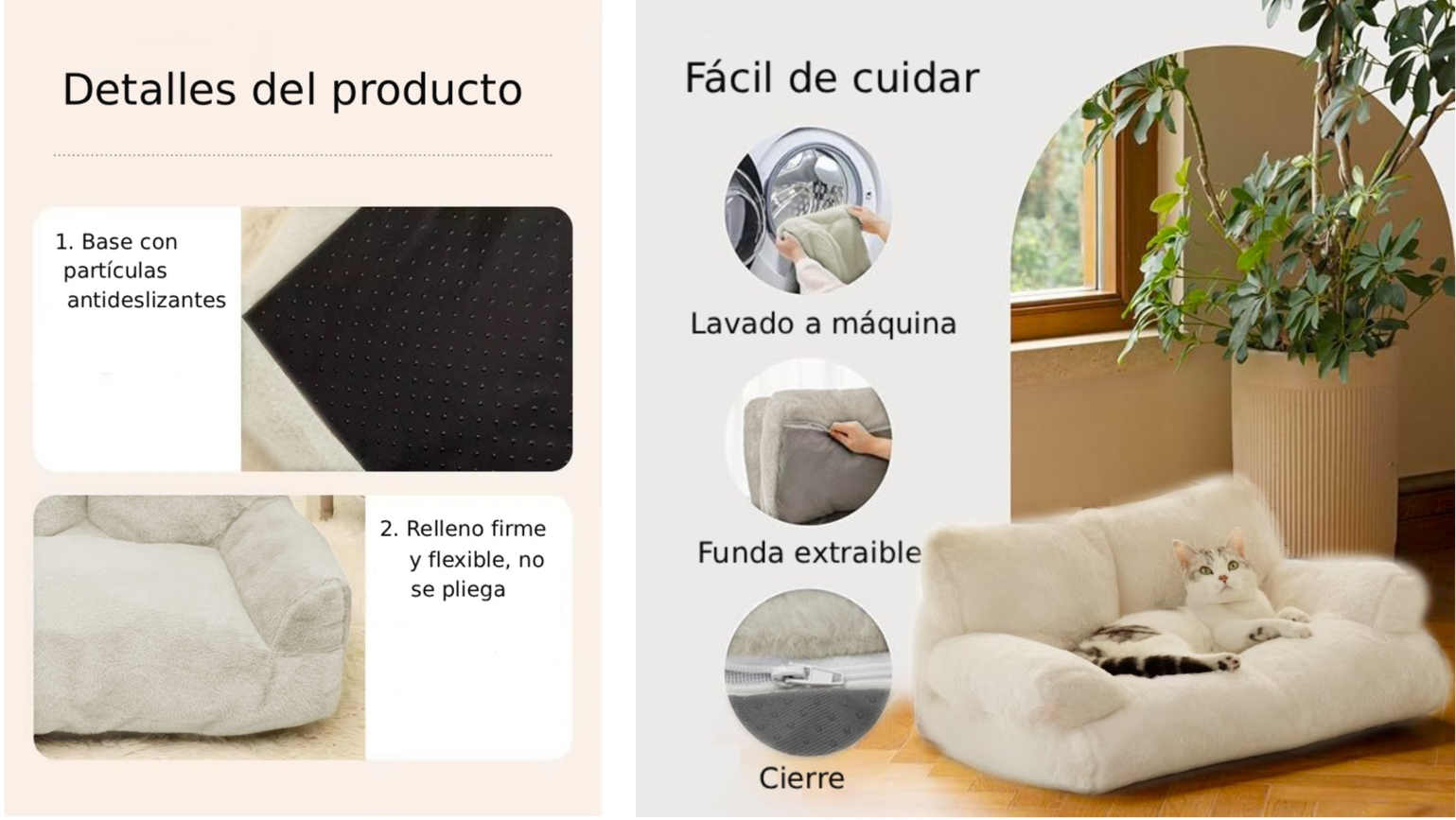 Cama Sofá Relajante Para Mascotas M Beige Lavable y Ortopédica -3