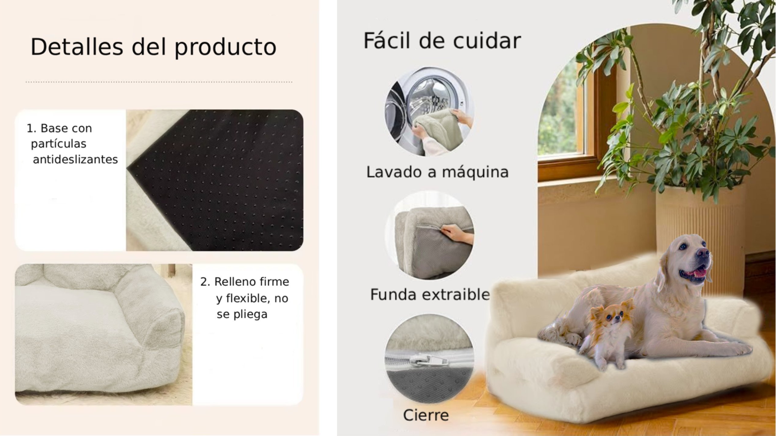 Cama Sofá Relajante Para Mascotas XL Beige Lavable y Ortopédica-2