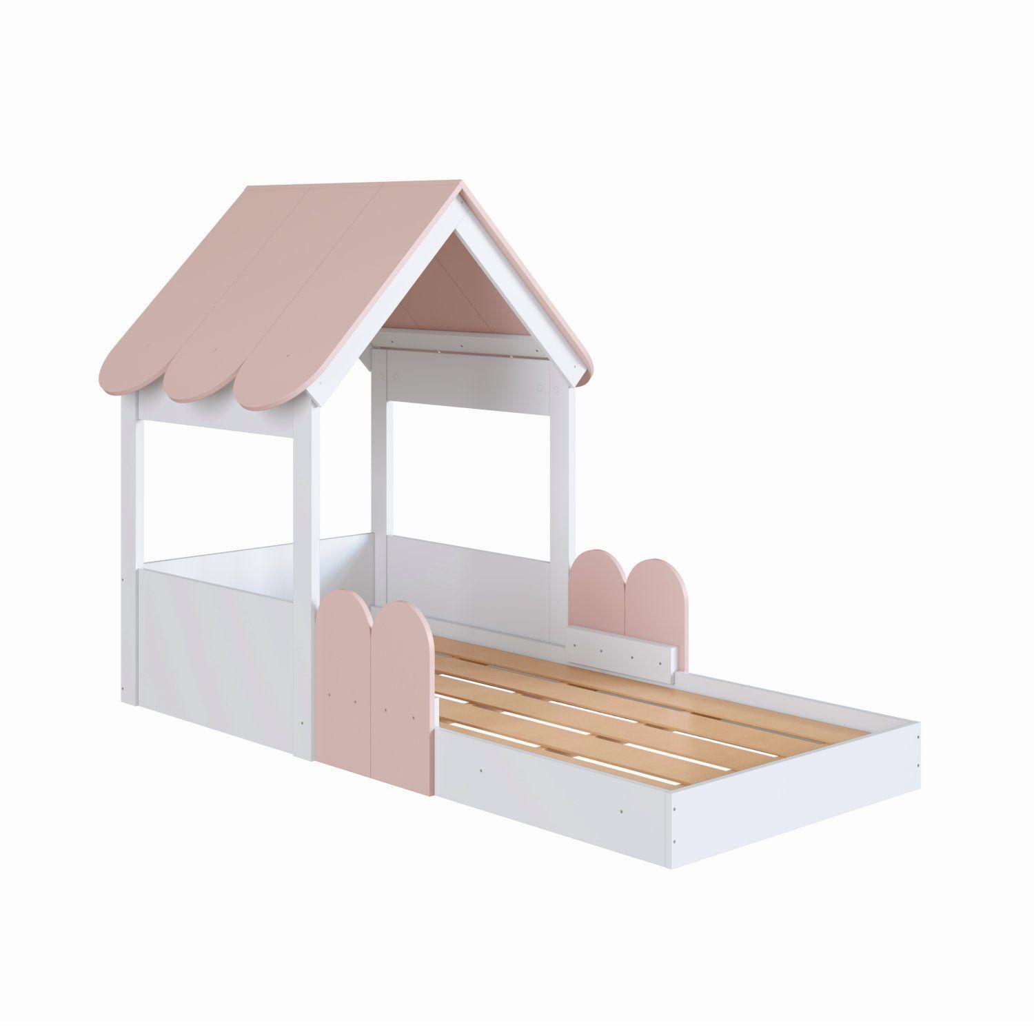 Cama Casita Montessori 1 Plaza Con Barandas Blanco Rosado -0