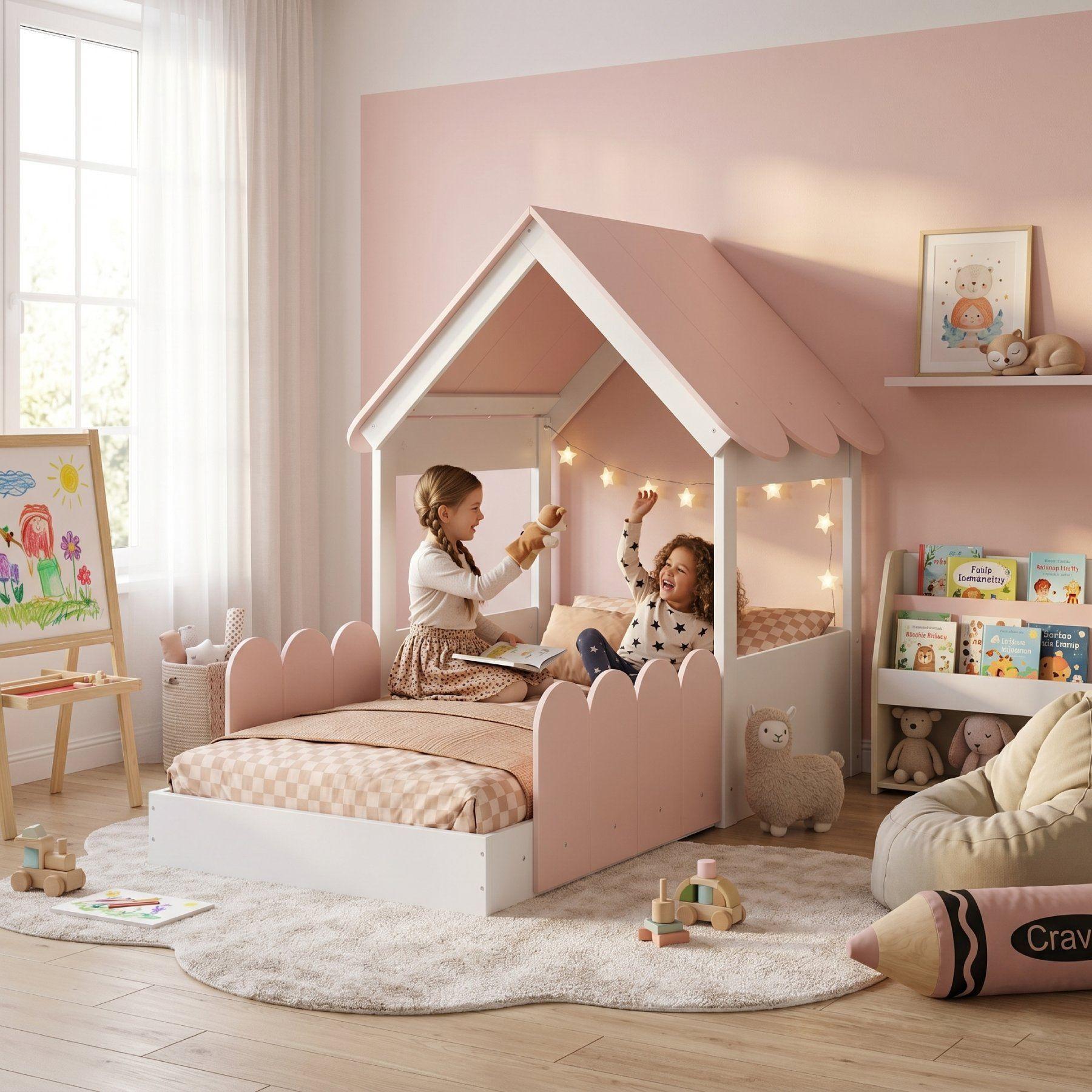 Cama Casita Montessori 1 Plaza Con Barandas Blanco Rosado -1
