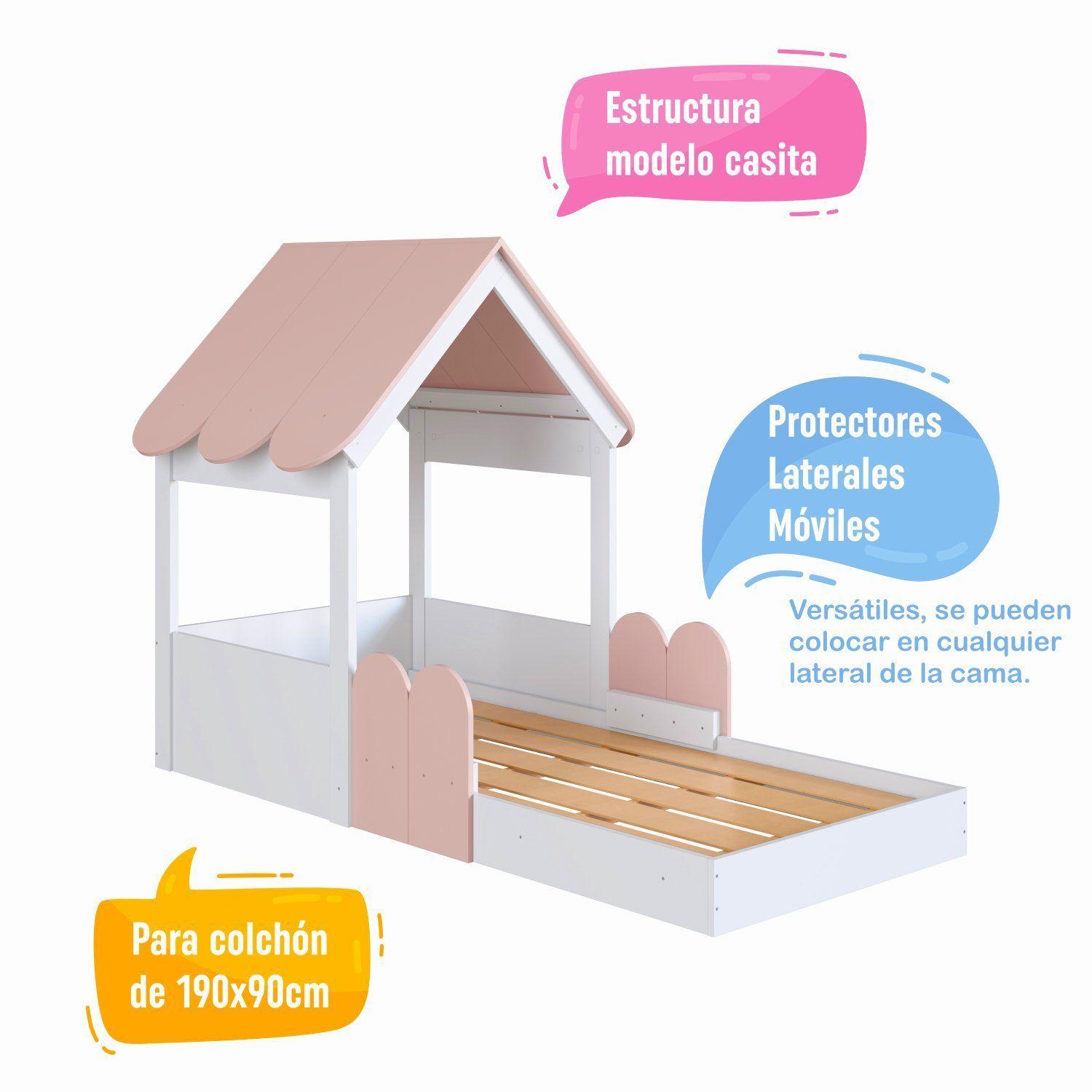 Cama Casita Montessori 1 Plaza Con Barandas Blanco Rosado -2