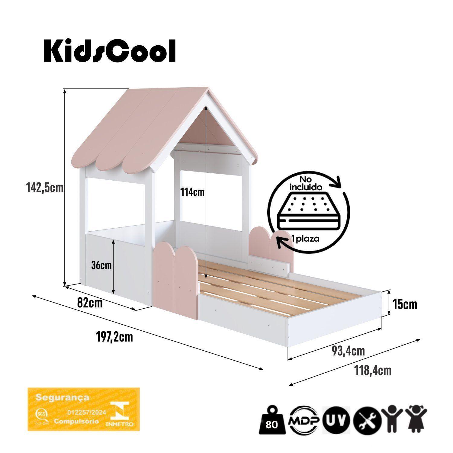Cama Casita Montessori 1 Plaza Con Barandas Blanco Rosado -3