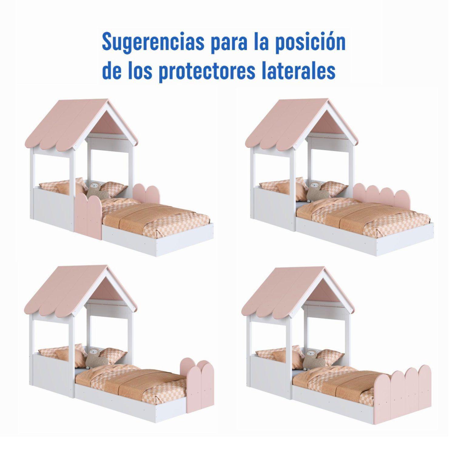 Cama Casita Montessori 1 Plaza Con Barandas Blanco Rosado -4