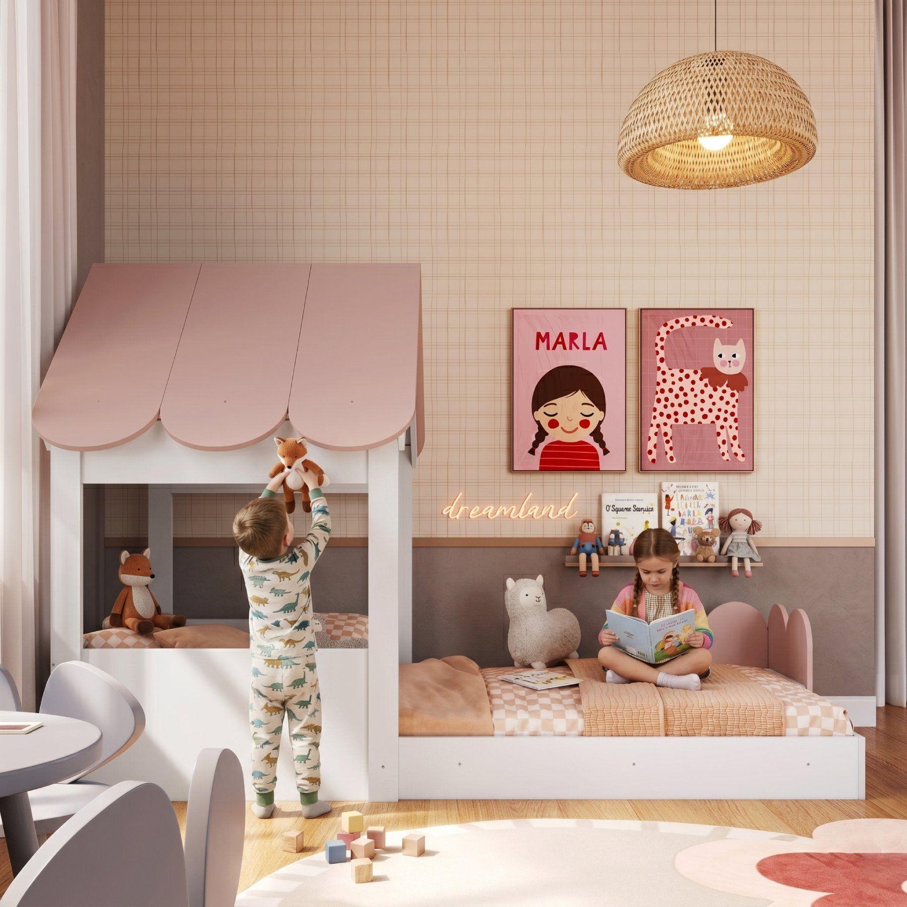 Cama Casita Montessori 1 Plaza Con Barandas Blanco Rosado -5
