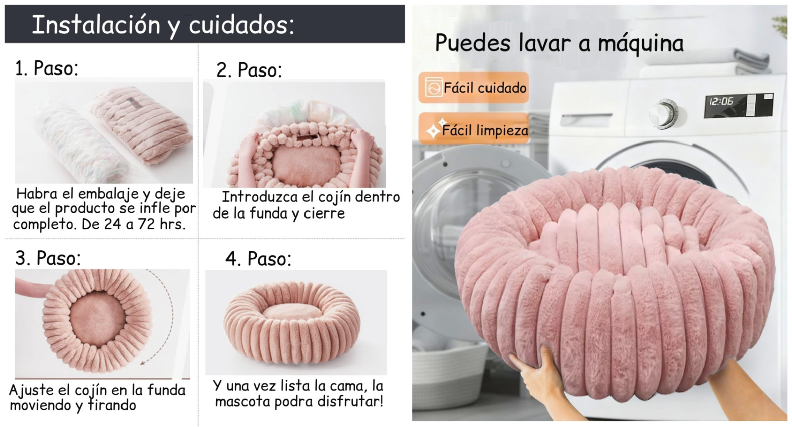Cama Nido Donut Mascotas S Rosa 50 cm Antiansiedad Perro y Gato -4