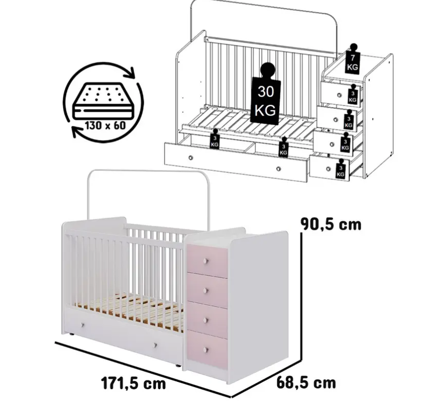 CUNA CON COMODA TOP BABY ROSADA -4