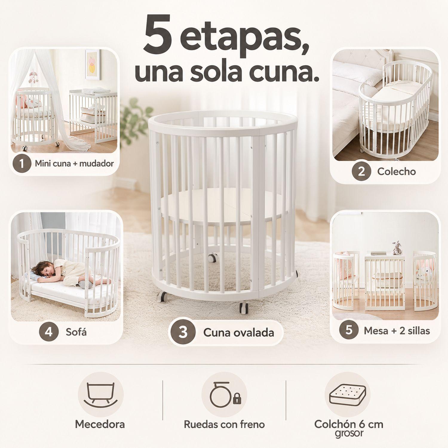 Cuna Mecedora Ovalada 5 En 1 Blanca Kidscool Con Colchón-6