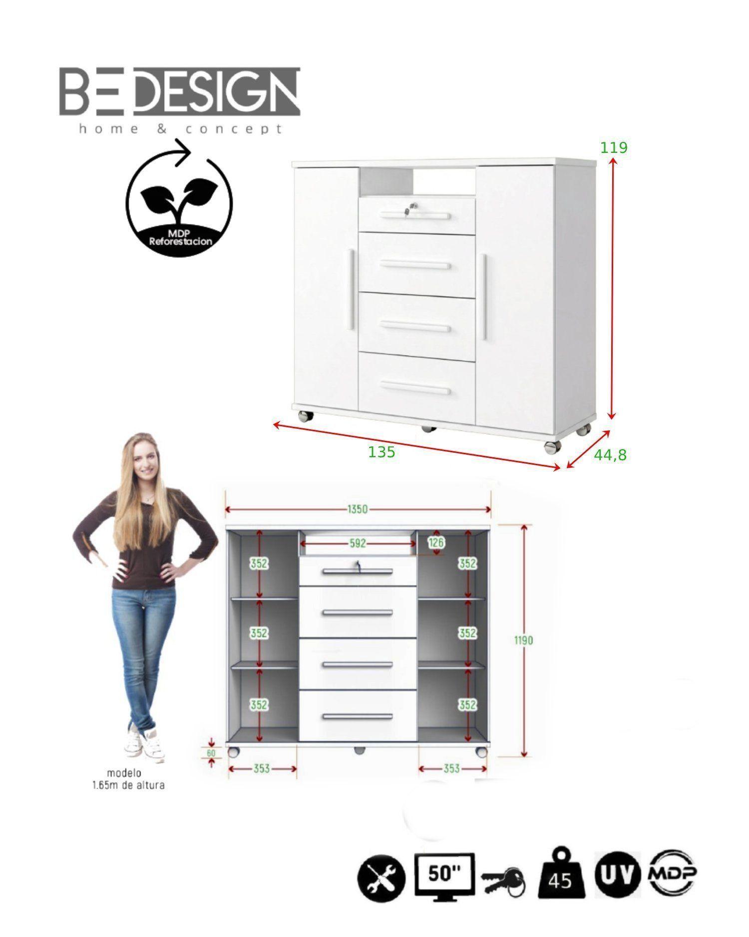 Cómoda Zapatero Multifuncional Con 4 Cajones y 2 Puertas Blanca-5