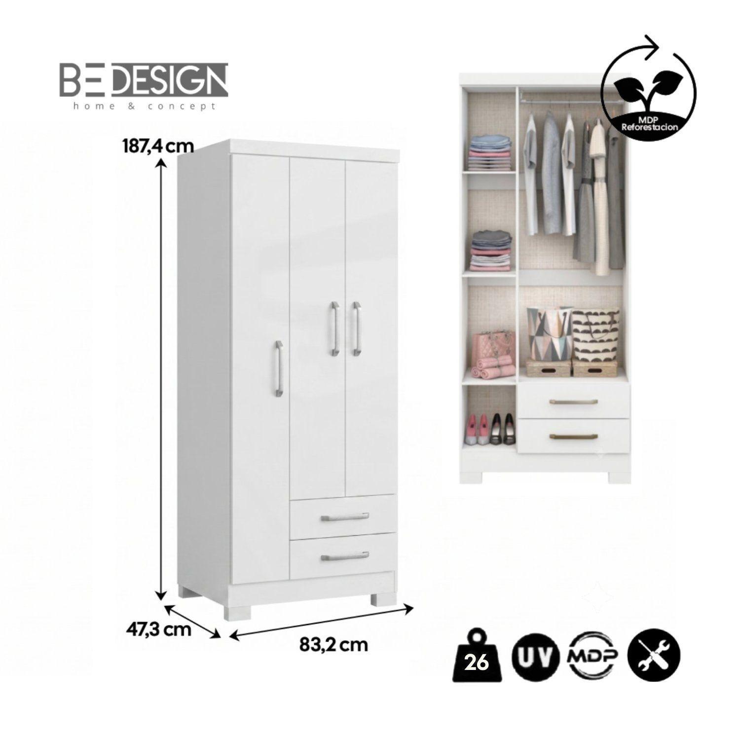 Clóset Ropero Francia Blanco Con 3 Puertas y 2 Cajones-5