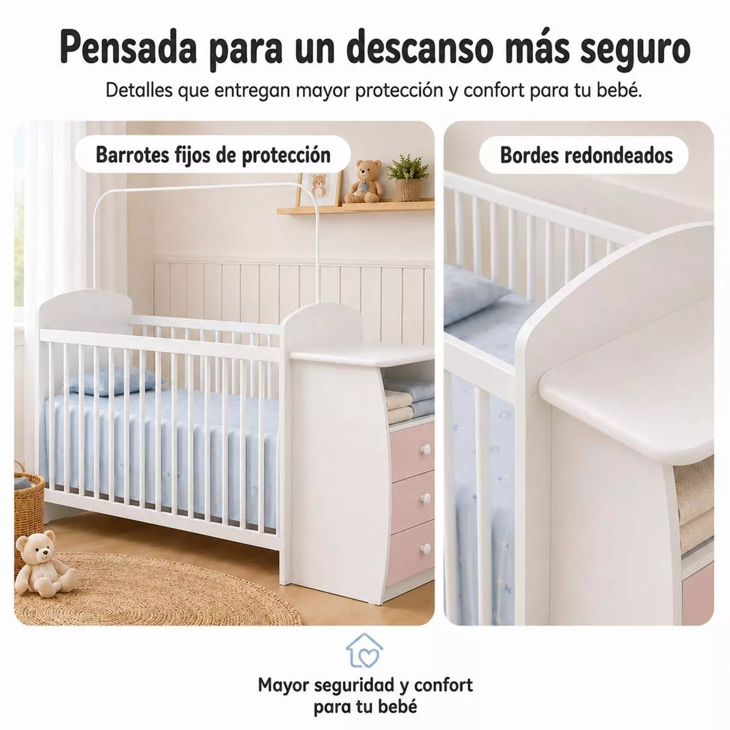 Cuna Multifuncional Con Cómoda Bambini Rosada -2