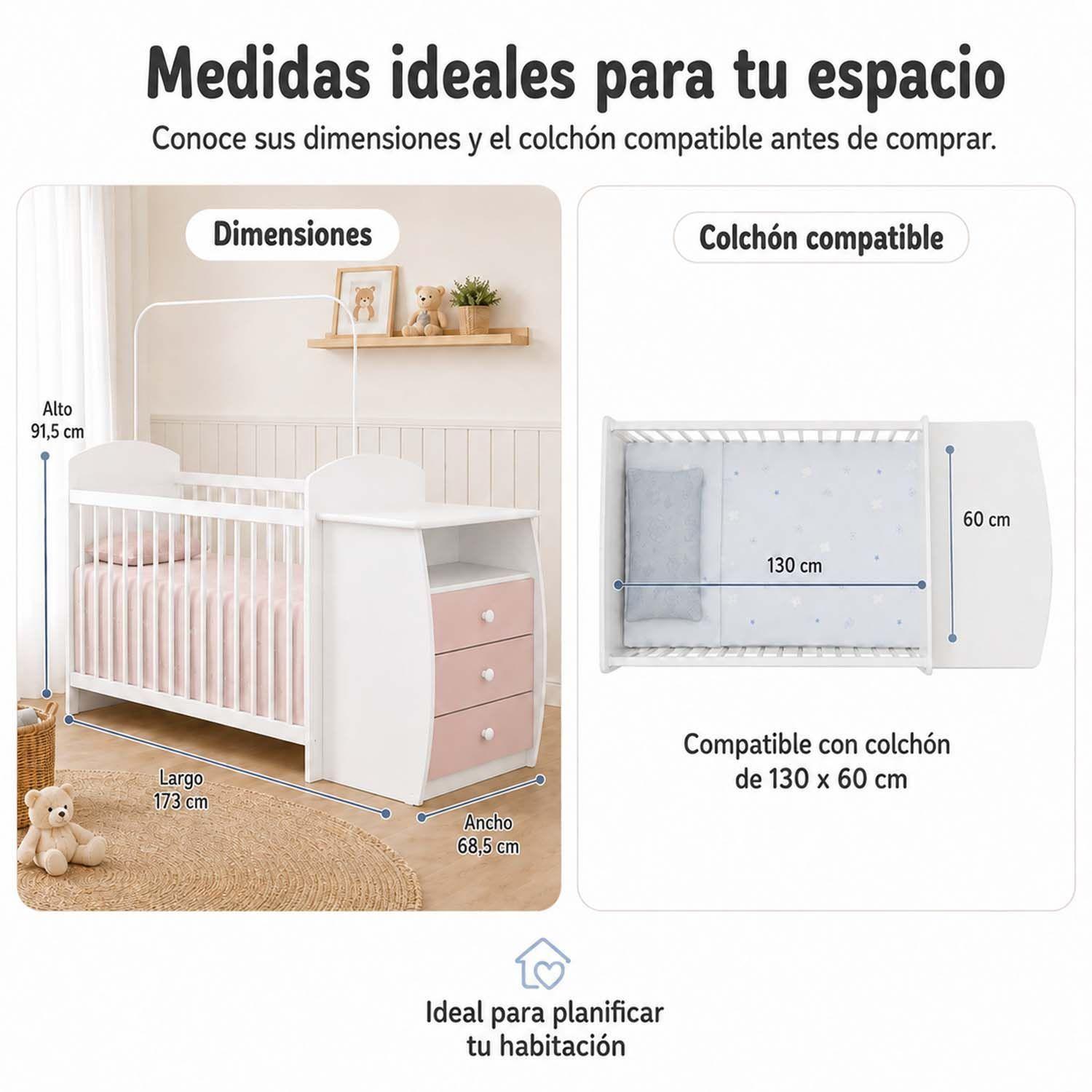 Cuna Multifuncional Con Cómoda Bambini Rosada -3