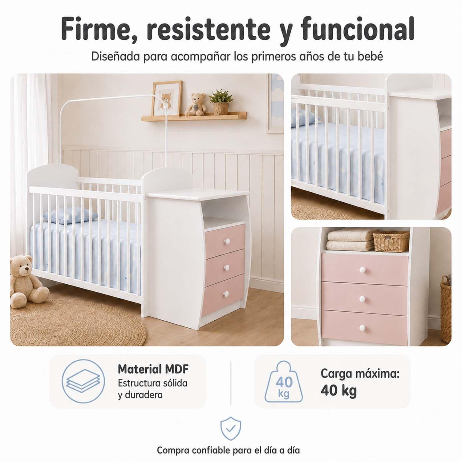 Cuna Multifuncional Con Cómoda Bambini Rosada -4