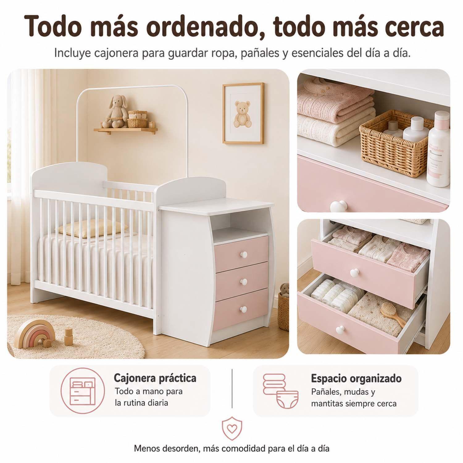 Cuna Multifuncional Con Cómoda Bambini Rosada -5