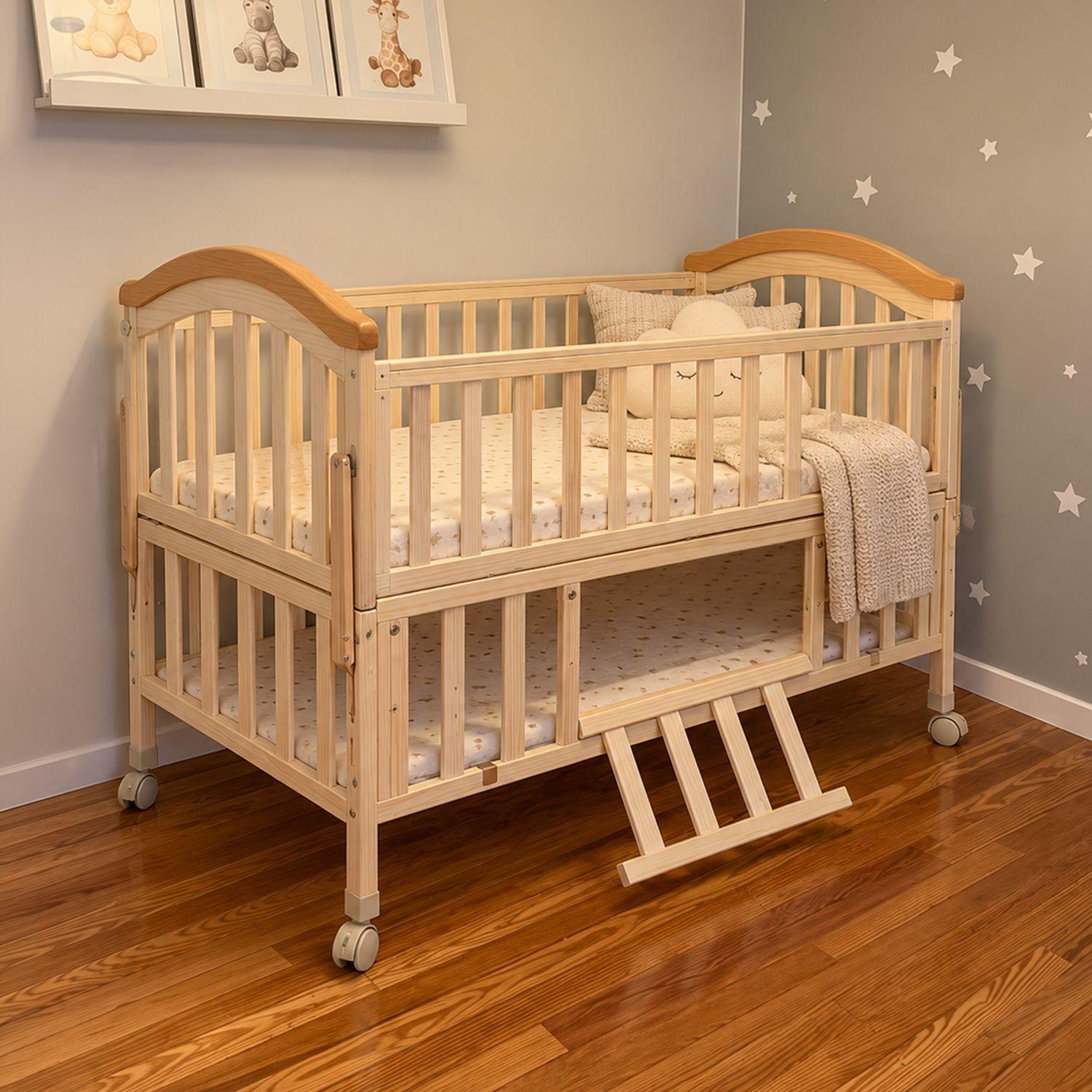 Cuna Colecho Corral Madera Natural Con Mudador Kidscool-3