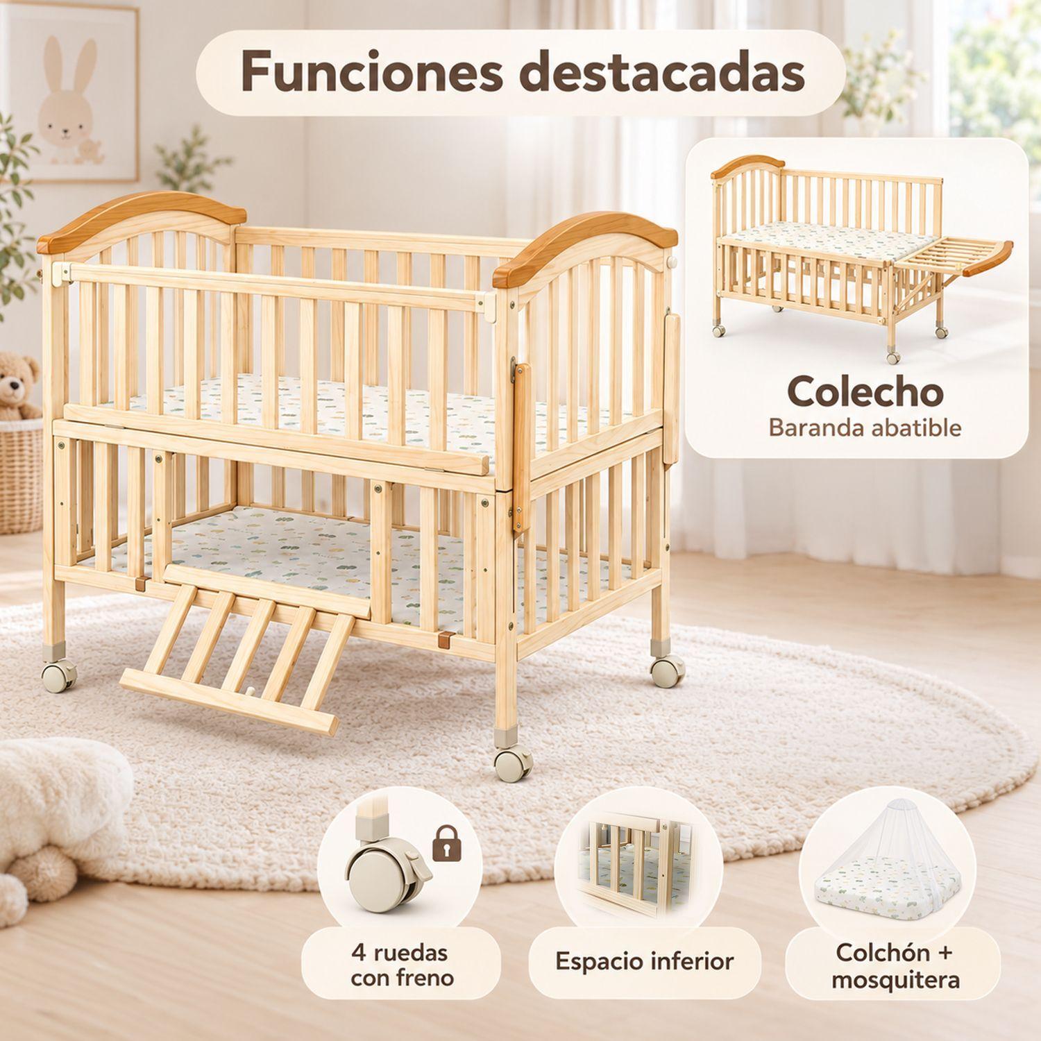 Cuna Colecho Corral Madera Natural Con Mudador Kidscool-4