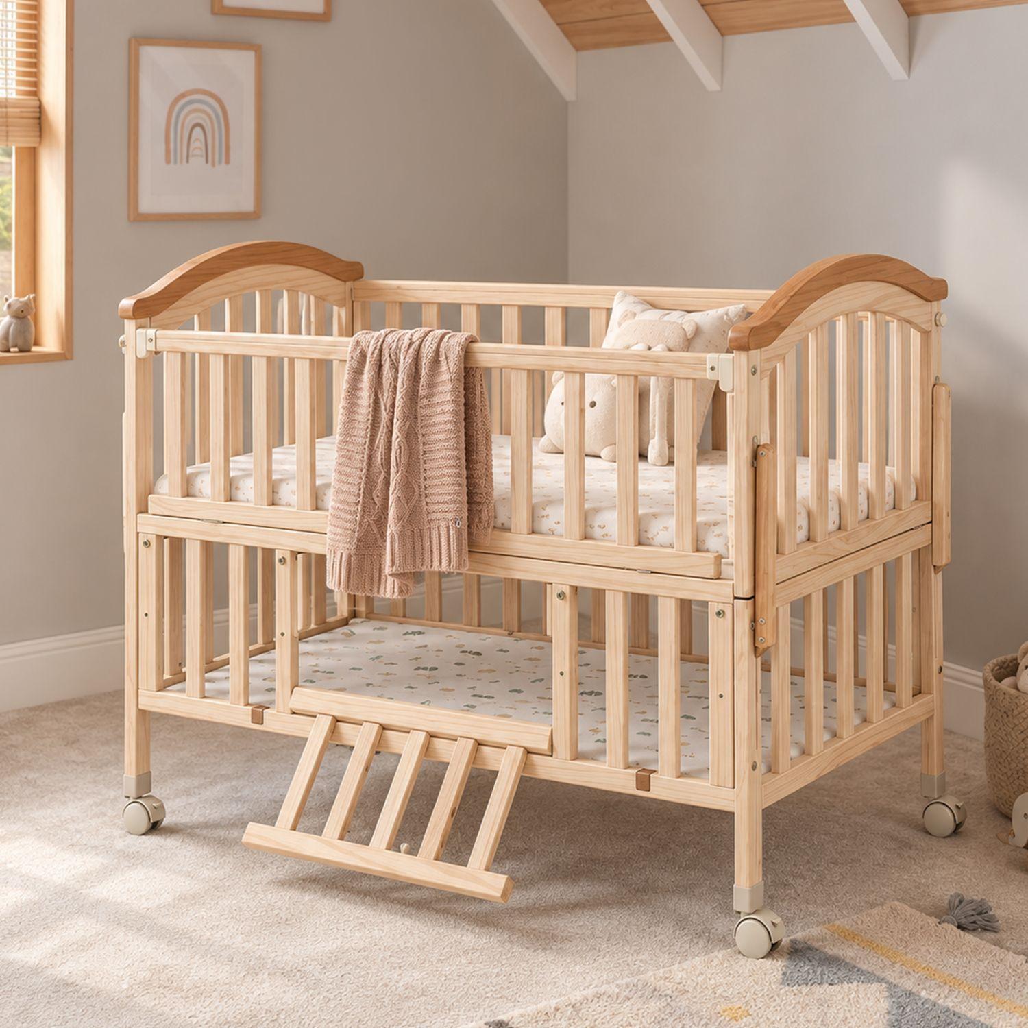 Cuna Colecho Corral Madera Natural Con Mudador Kidscool-5