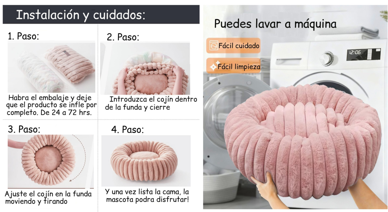 Cama Nido Donut Mascotas L  Rosa 70 cm Antiansiedad Multimascota-2