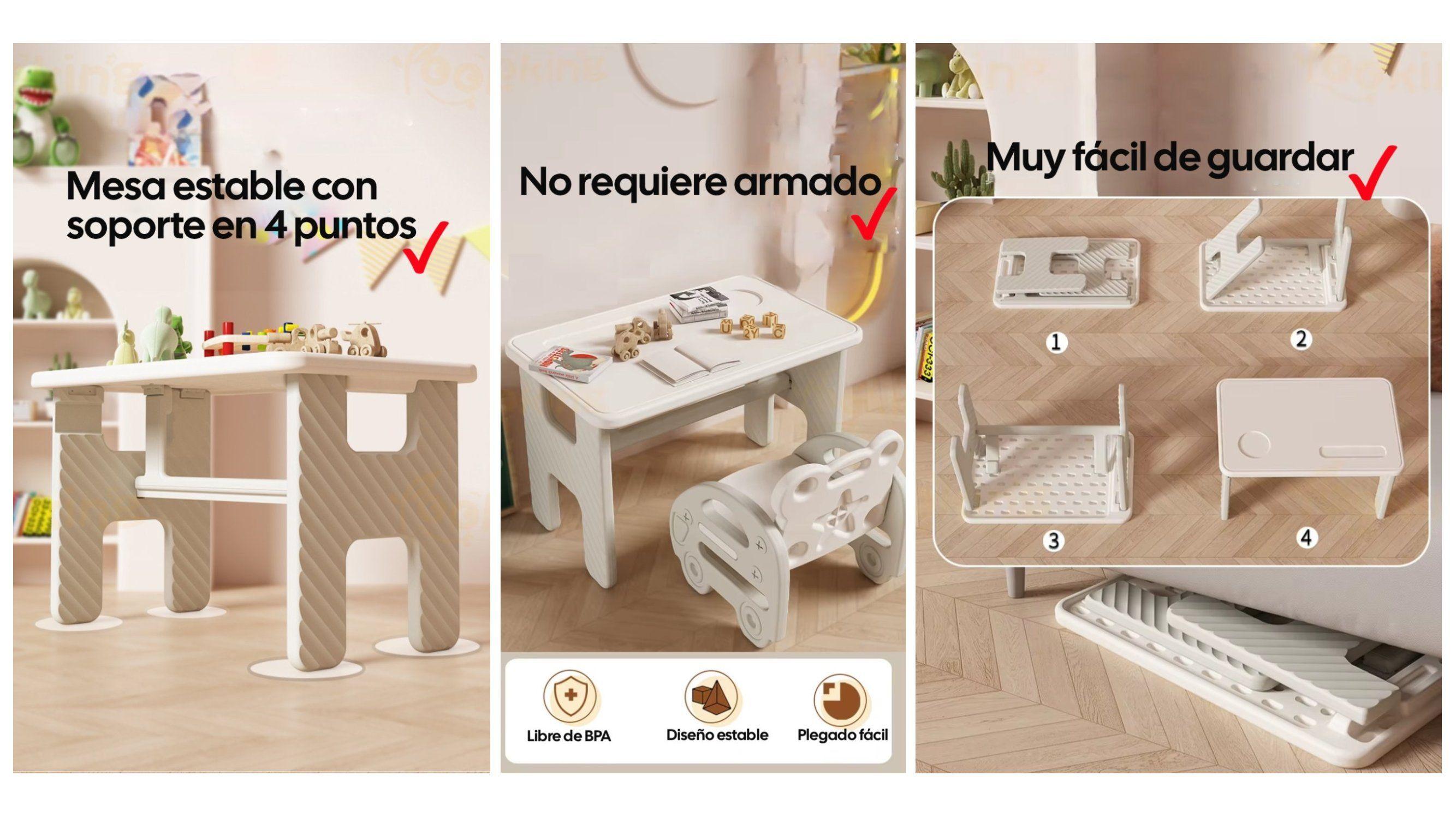 Set De Mesa Plegable y Silla Infantil Bus Kidscool Estilo Nórdico Blanco Gris-3