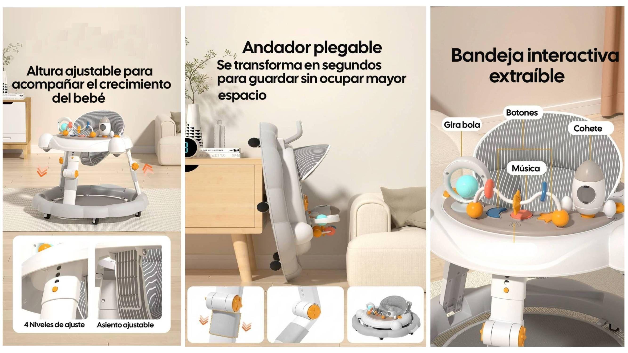 Andador Bebé Kidscool Antivuelco Plegable 4 en 1 Gris-4