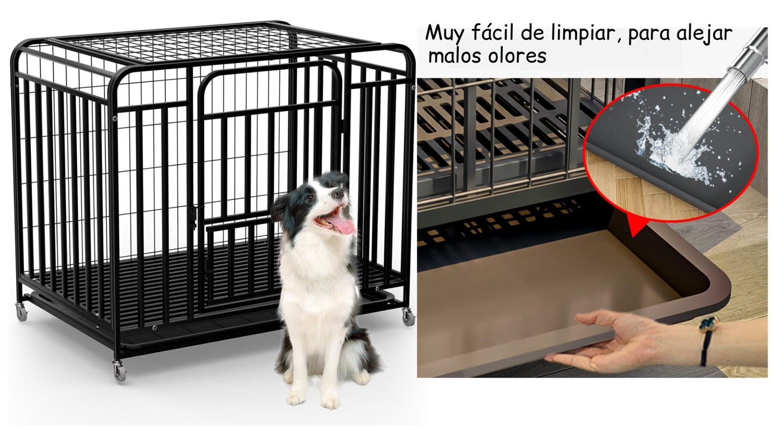 Jaula Corral Para Perro y Gato Grande Doble Puerta Con Bandeja y Ruedas-6