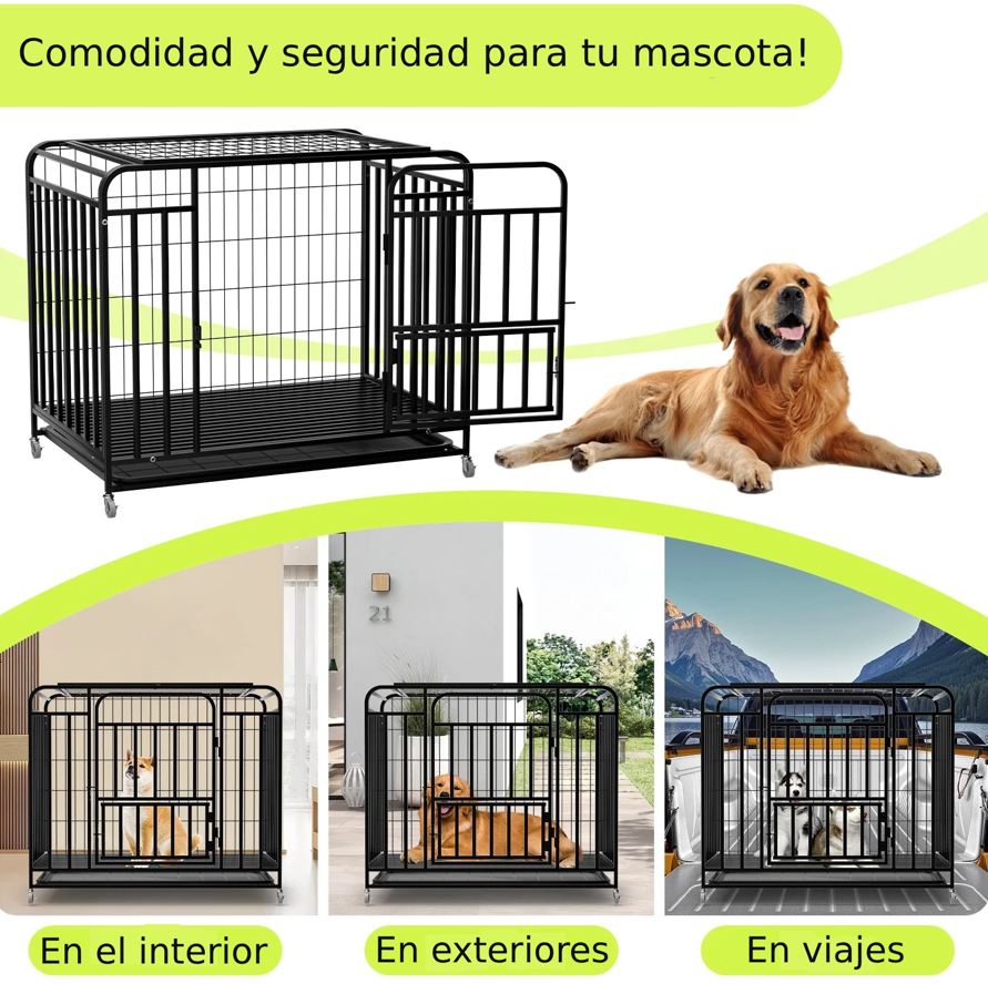 Jaula Corral Para Perro y Gato Grande Doble Puerta Con Bandeja y Ruedas-3
