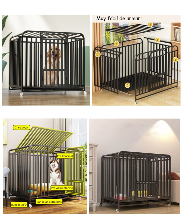 Jaula Corral Para Perro y Gato Grande Doble Puerta Con Bandeja y Ruedas-4