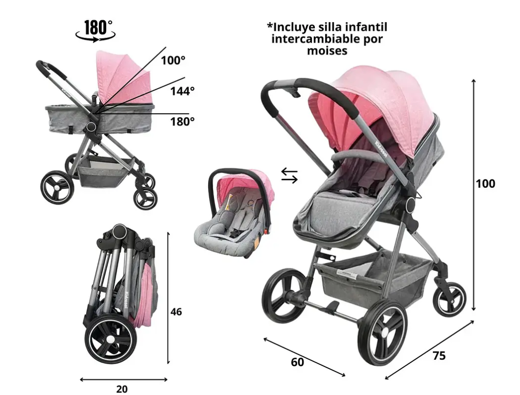 Coche Cuna City Travel Rosa -6